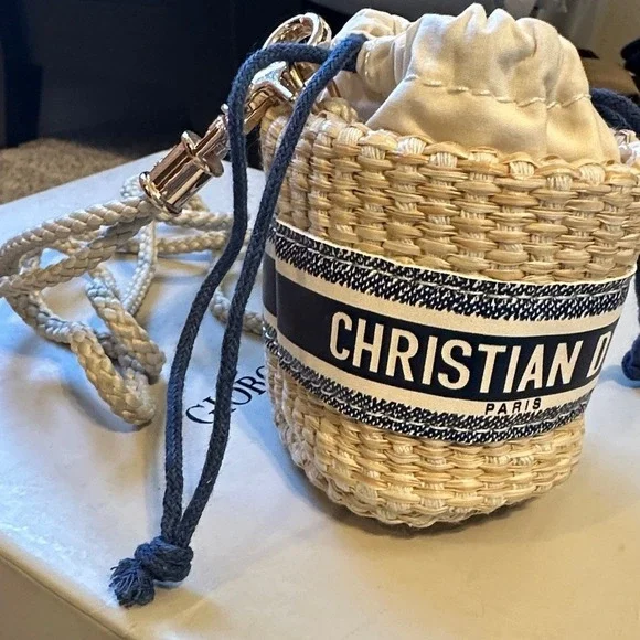Christian Dior Wicker Bucket Bag Mini Straw Crossbody Navy Blue Natural GWP - Picture 2 of 7